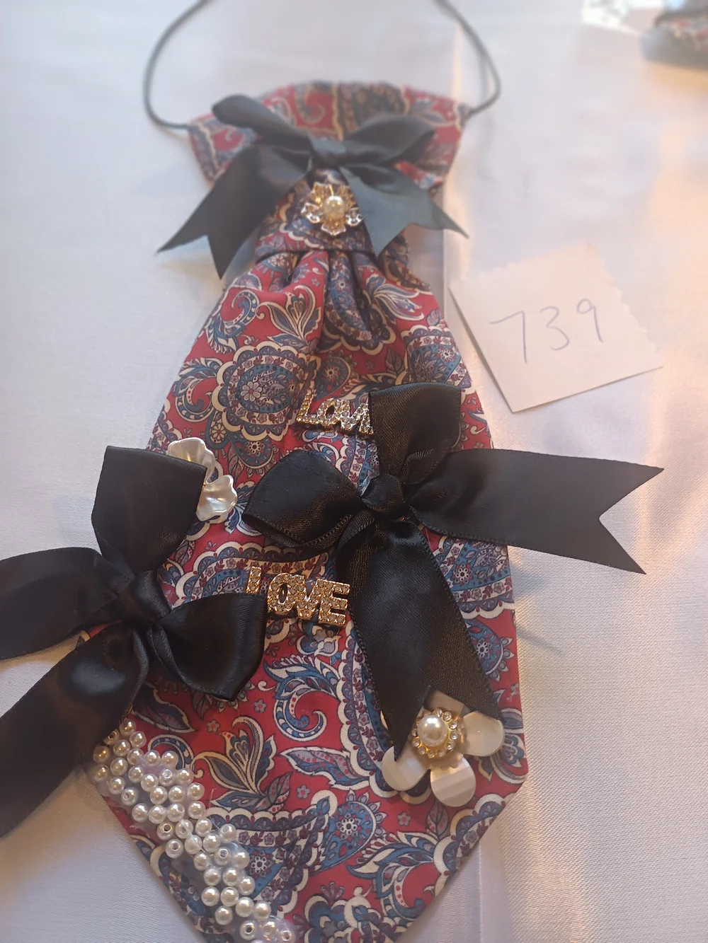 Cranberry  Red Paisley JunkTie Necklace with Black Ribbon and Pearl Accents